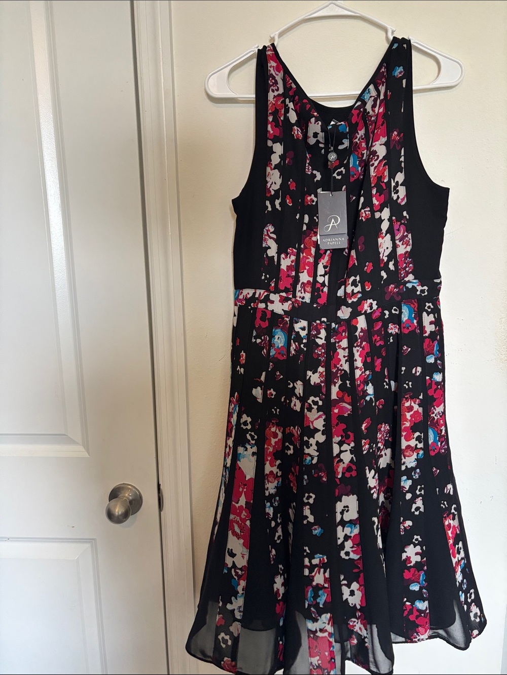 Pippa & Julie Black Floral Pleated Tank Dress with Pink and Blue Accents